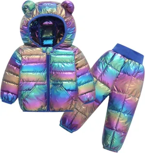 2 Piece Kids Snowsuit Ski Suit Boys Girls Metallic Hooded Puffer Jacket Lightweight Packable Quilted Down Coat Pants