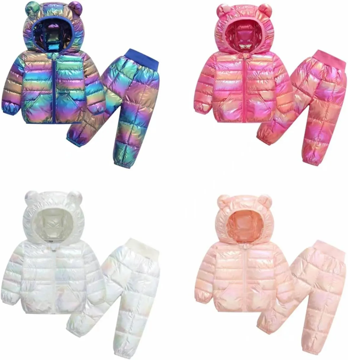 2 Piece Kids Snowsuit Ski Suit Boys Girls Metallic Hooded Puffer Jacket Lightweight Packable Quilted Down Coat Pants