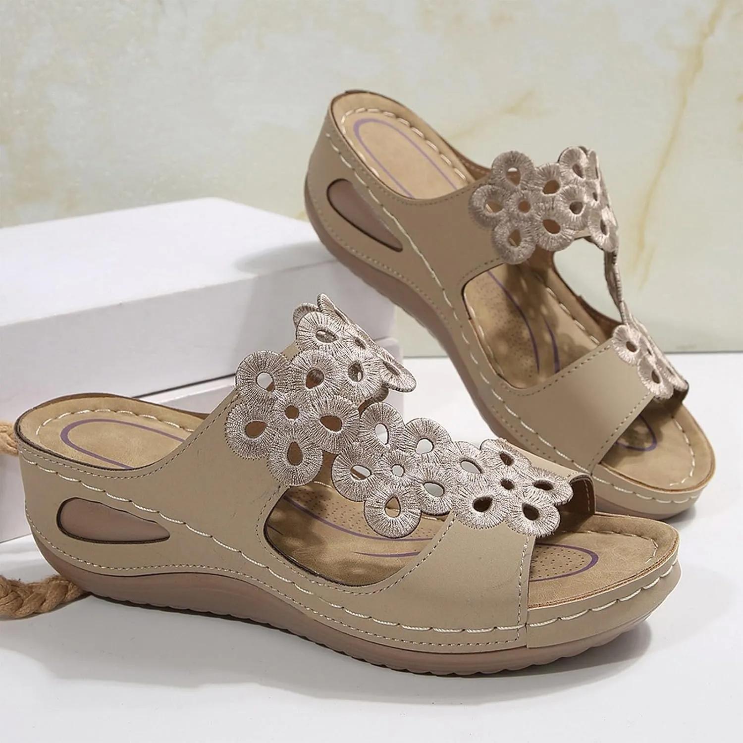 2025 Summer Orthopedic Sandals Womens Arch Support Flower Wedge Shoes Dressy Casual Open Toe Walking Slides