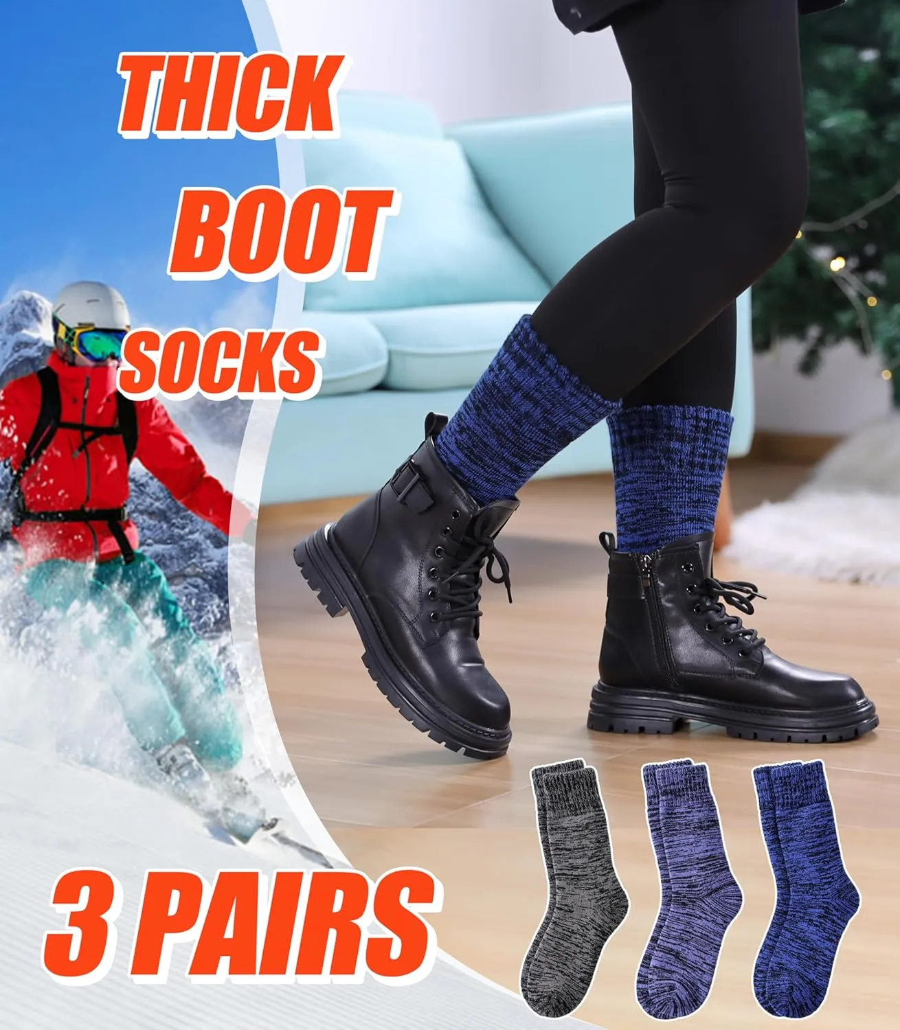 3 Pairs Thermal Boot Socks for Women Men Ski Thick Winter Warm Insulated Heated Socks for Extreme Cold Weather