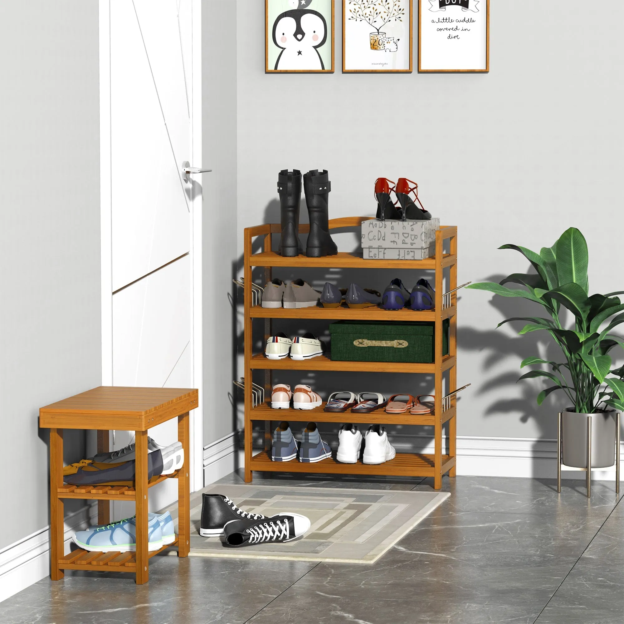 5-Tier Shoe Rack Acacia Wooden Shoe Storage Organiser with Hangers Holds up to 24 Pairs for Entryway Living Room 64 x 26 x 82 cm Teak