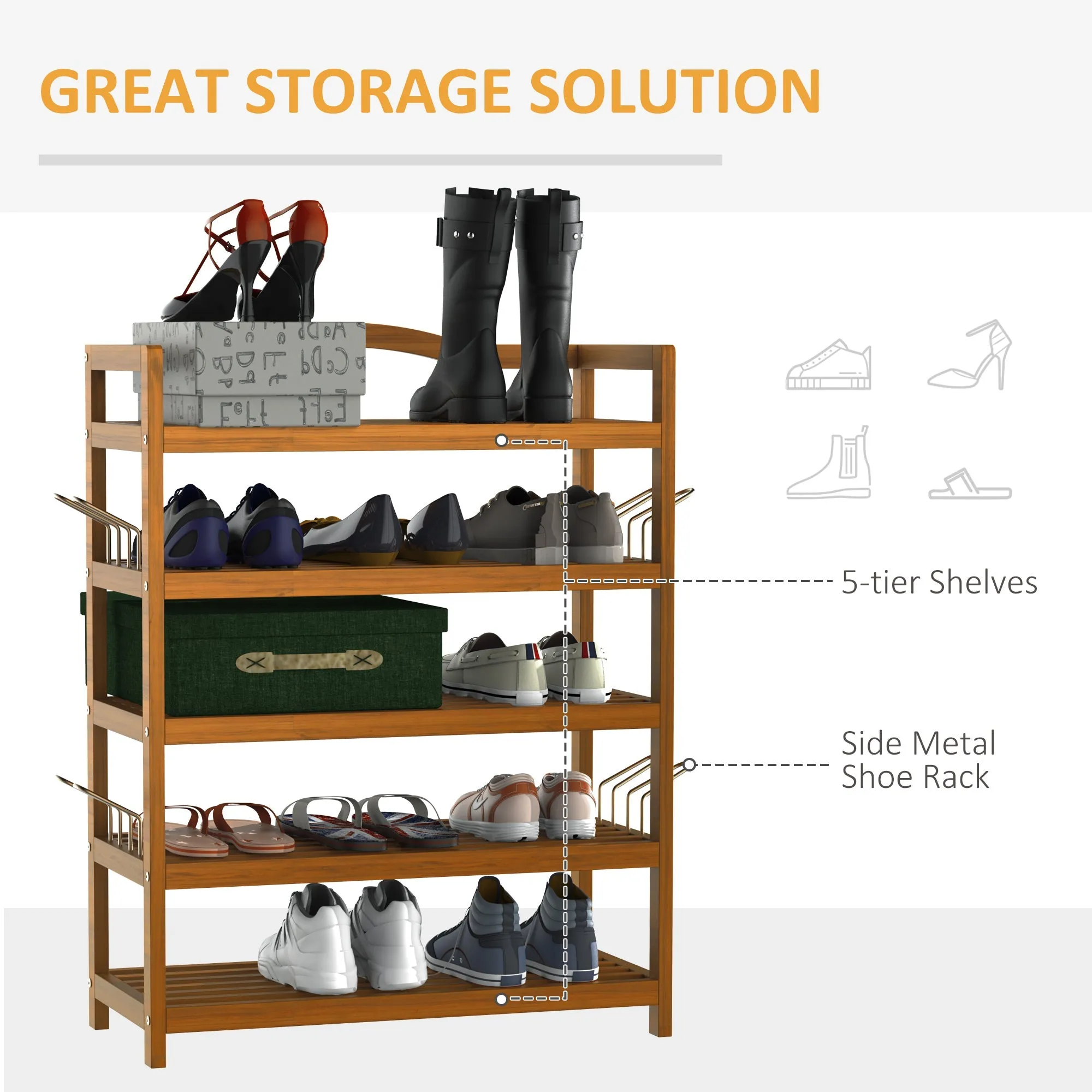 5-Tier Shoe Rack Acacia Wooden Shoe Storage Organiser with Hangers Holds up to 24 Pairs for Entryway Living Room 64 x 26 x 82 cm Teak