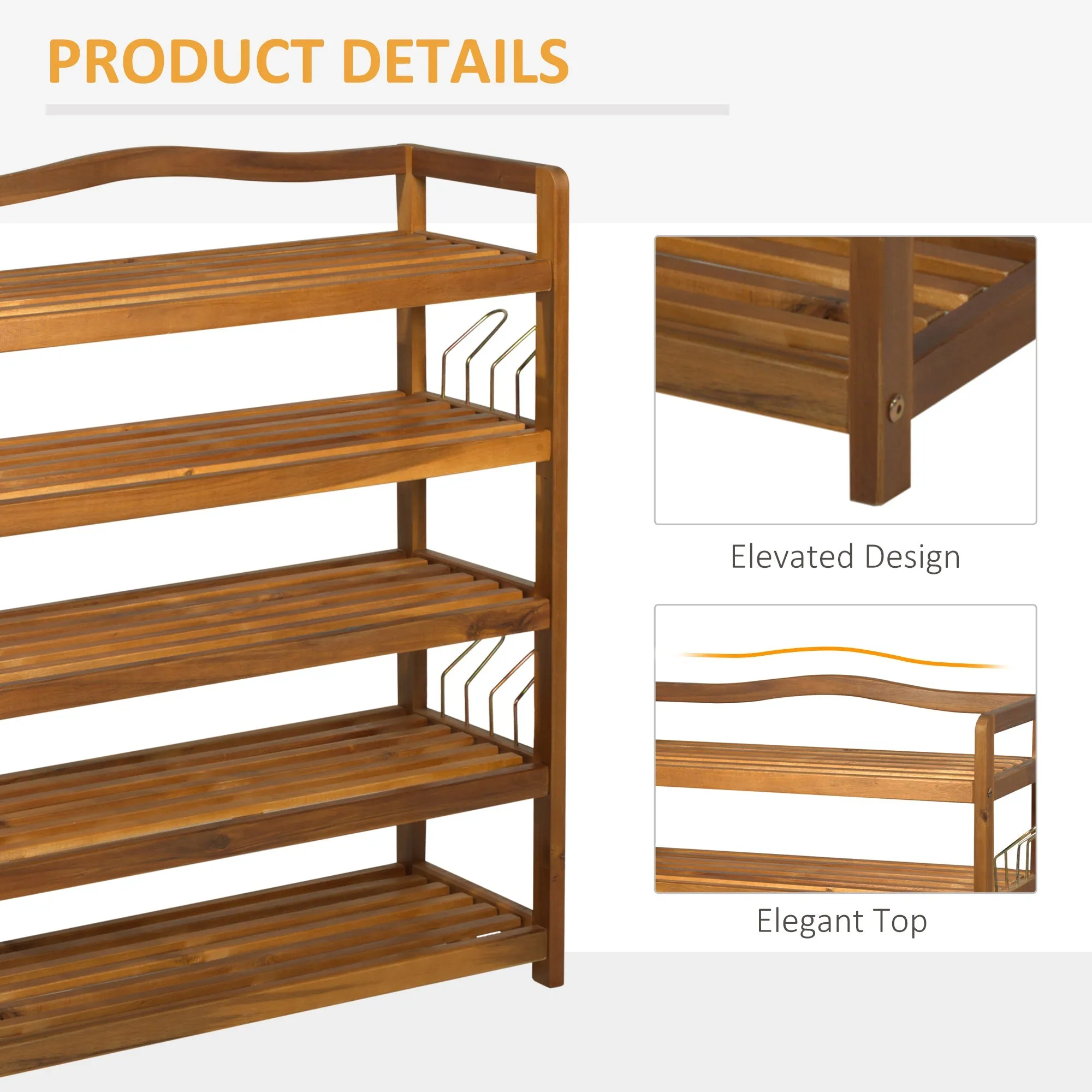 5-Tier Shoe Rack Acacia Wooden Shoe Storage Organiser with Hangers Holds up to 24 Pairs for Entryway Living Room 64 x 26 x 82 cm Teak