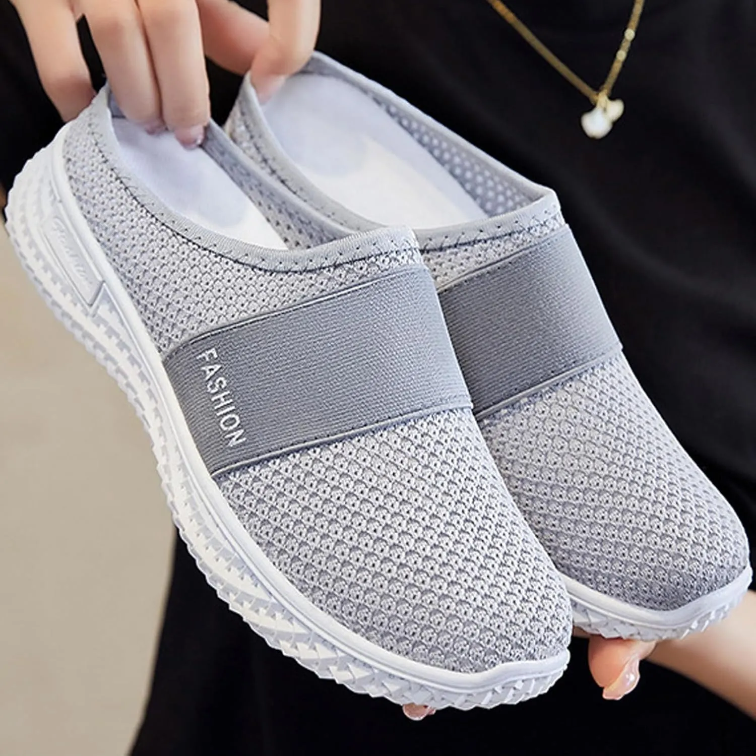 Backless Sneakers for Women Breathable Mesh Low Top Sneakers Cushion Slip-On Walking Tennis Shoes Orthopedic Lightweight Comfortable Summer Footwear Fashion Loafer Flats