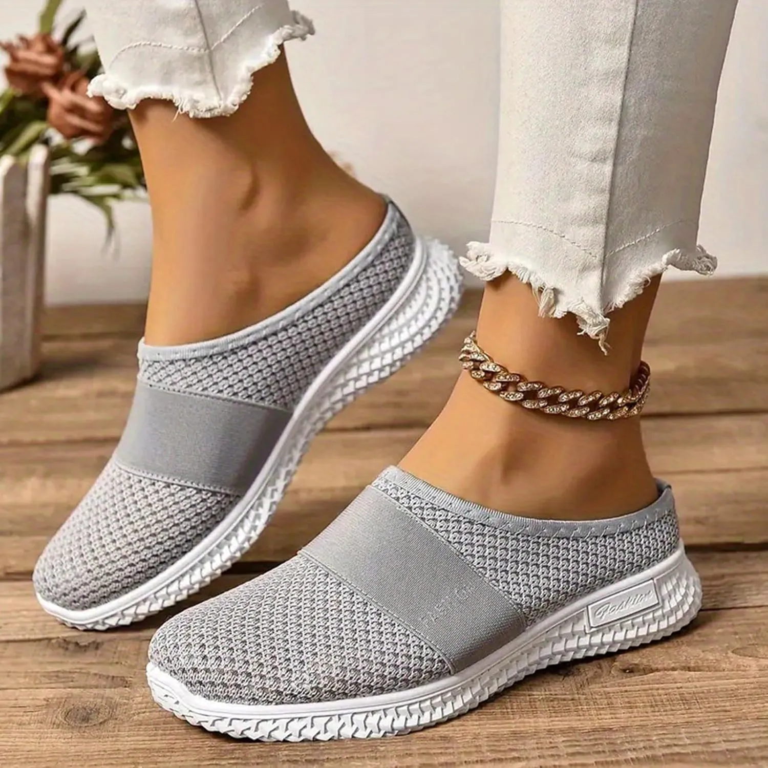 Backless Sneakers for Women Breathable Mesh Low Top Sneakers Cushion Slip-On Walking Tennis Shoes Orthopedic Lightweight Comfortable Summer Footwear Fashion Loafer Flats