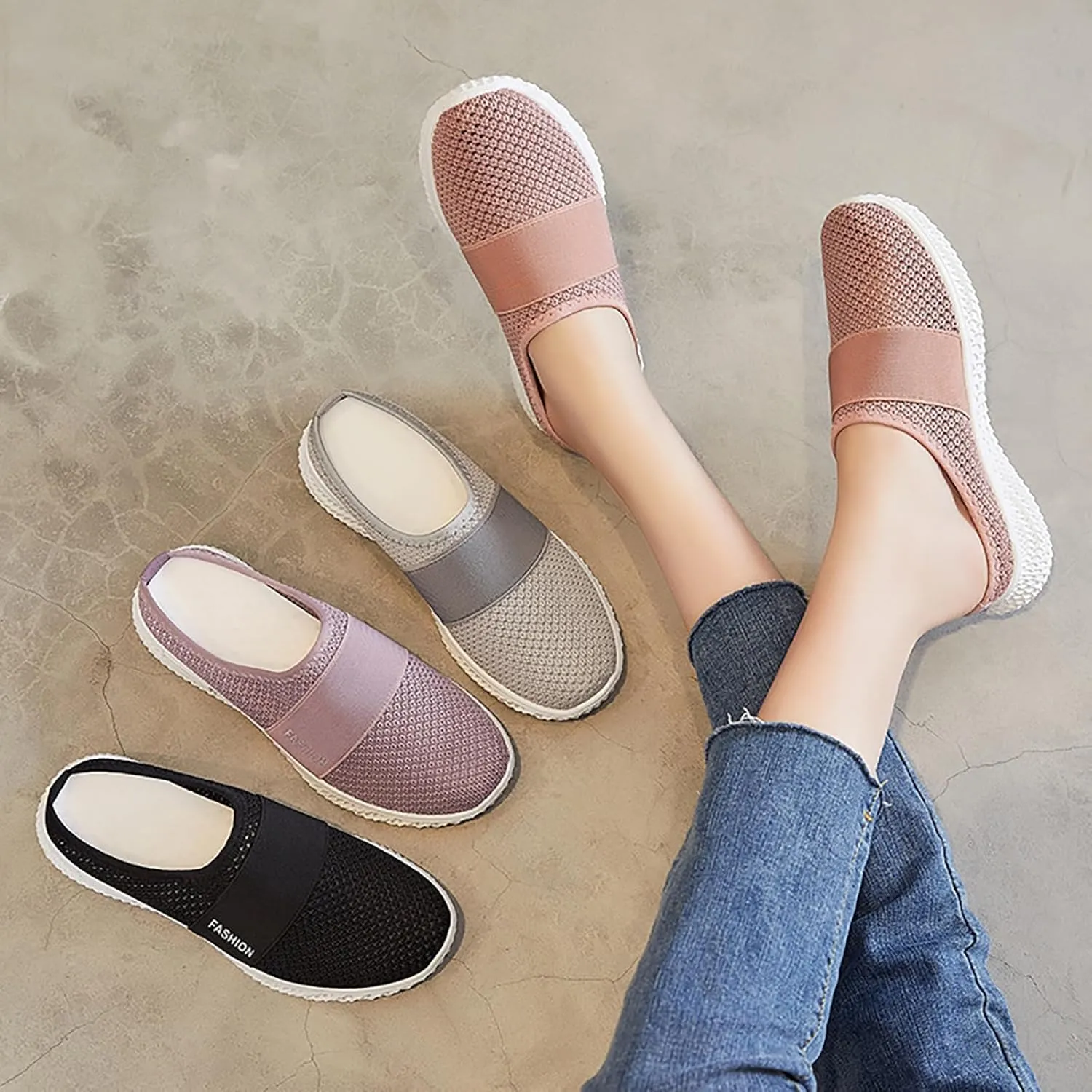 Backless Sneakers for Women Breathable Mesh Low Top Sneakers Cushion Slip-On Walking Tennis Shoes Orthopedic Lightweight Comfortable Summer Footwear Fashion Loafer Flats