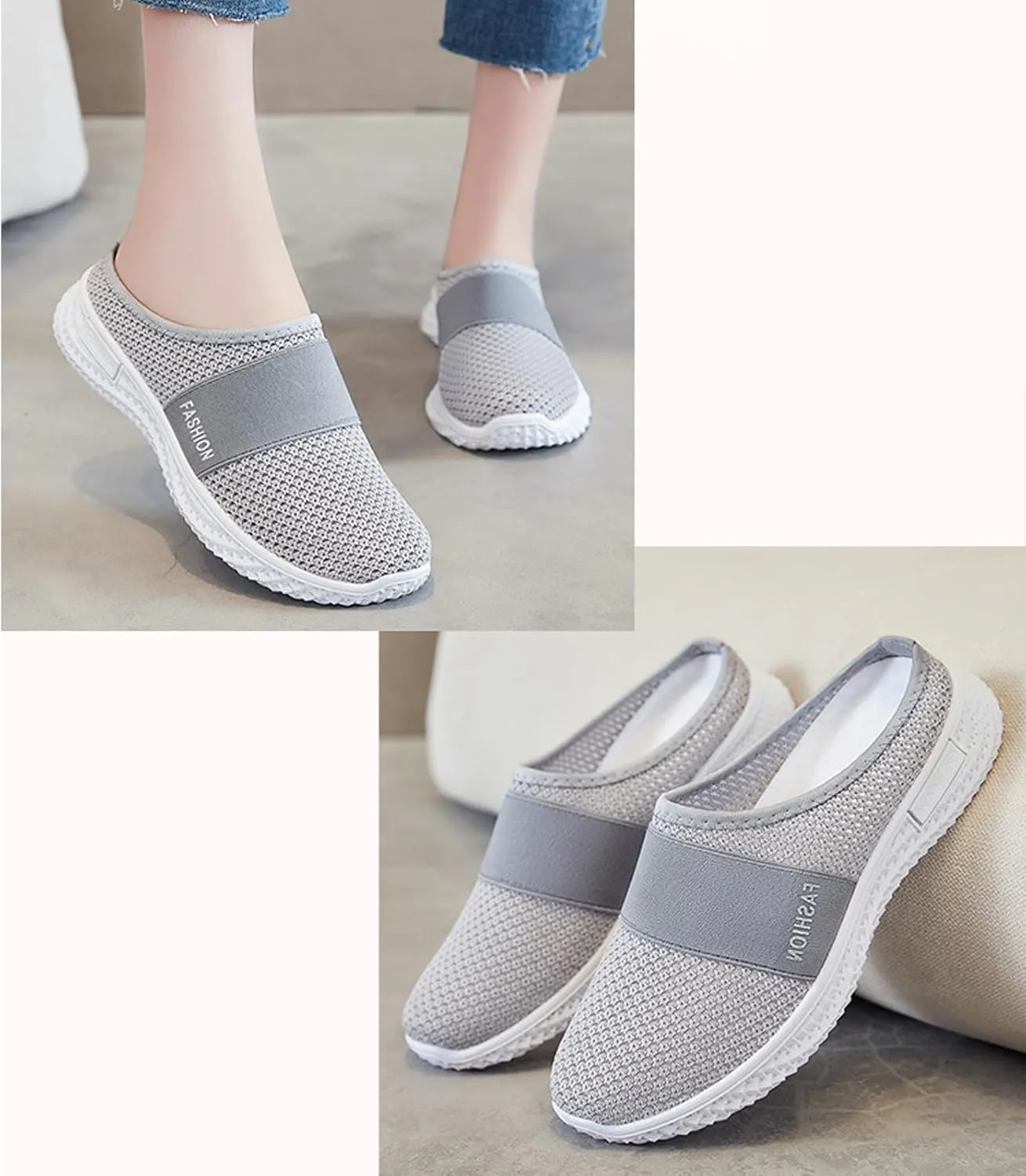 Backless Sneakers for Women Breathable Mesh Low Top Sneakers Cushion Slip-On Walking Tennis Shoes Orthopedic Lightweight Comfortable Summer Footwear Fashion Loafer Flats