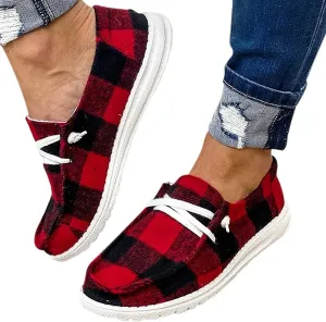 Buffalo Plaid Slip On Shoes,Flat Sole Lace up Casual Canvas Shoes for Women Christmas Casual Sneaker Ladies Driving Loafers (Red,9.5-10)