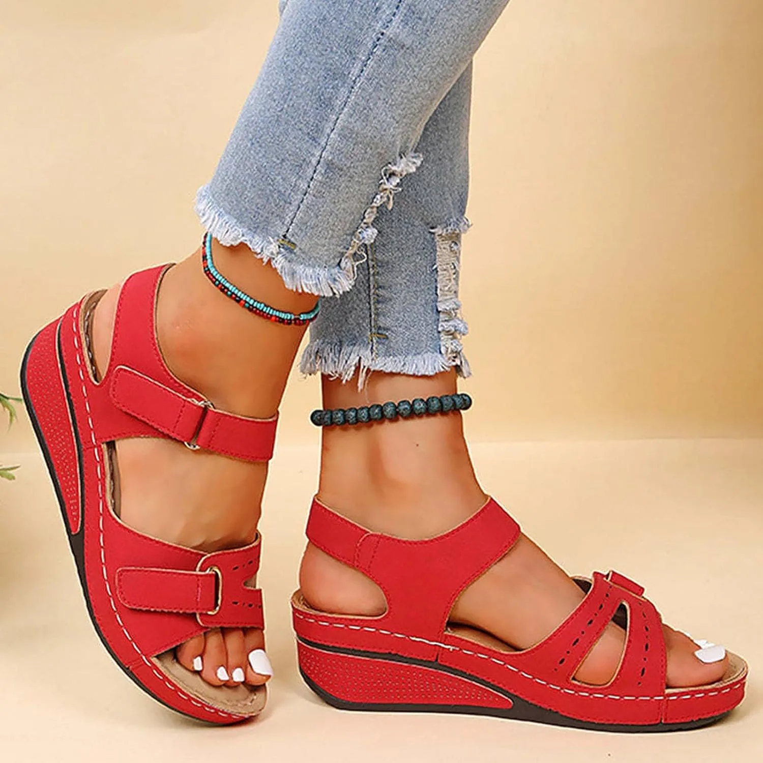 Cathalem Orthopedic Sandals for Women Summer Dressy Open Toe Ankle Strap Platform Sandals Casual Strappy Low Wedges Sandals Dress Shoes
