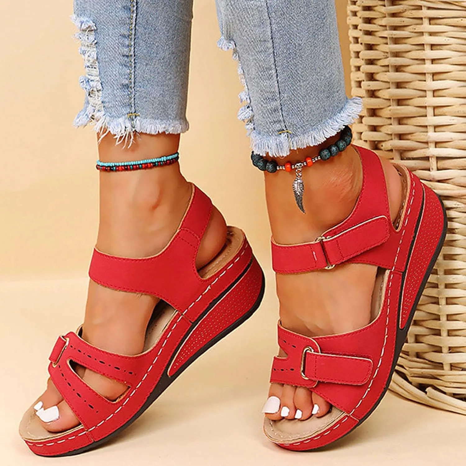 Cathalem Orthopedic Sandals for Women Summer Dressy Open Toe Ankle Strap Platform Sandals Casual Strappy Low Wedges Sandals Dress Shoes