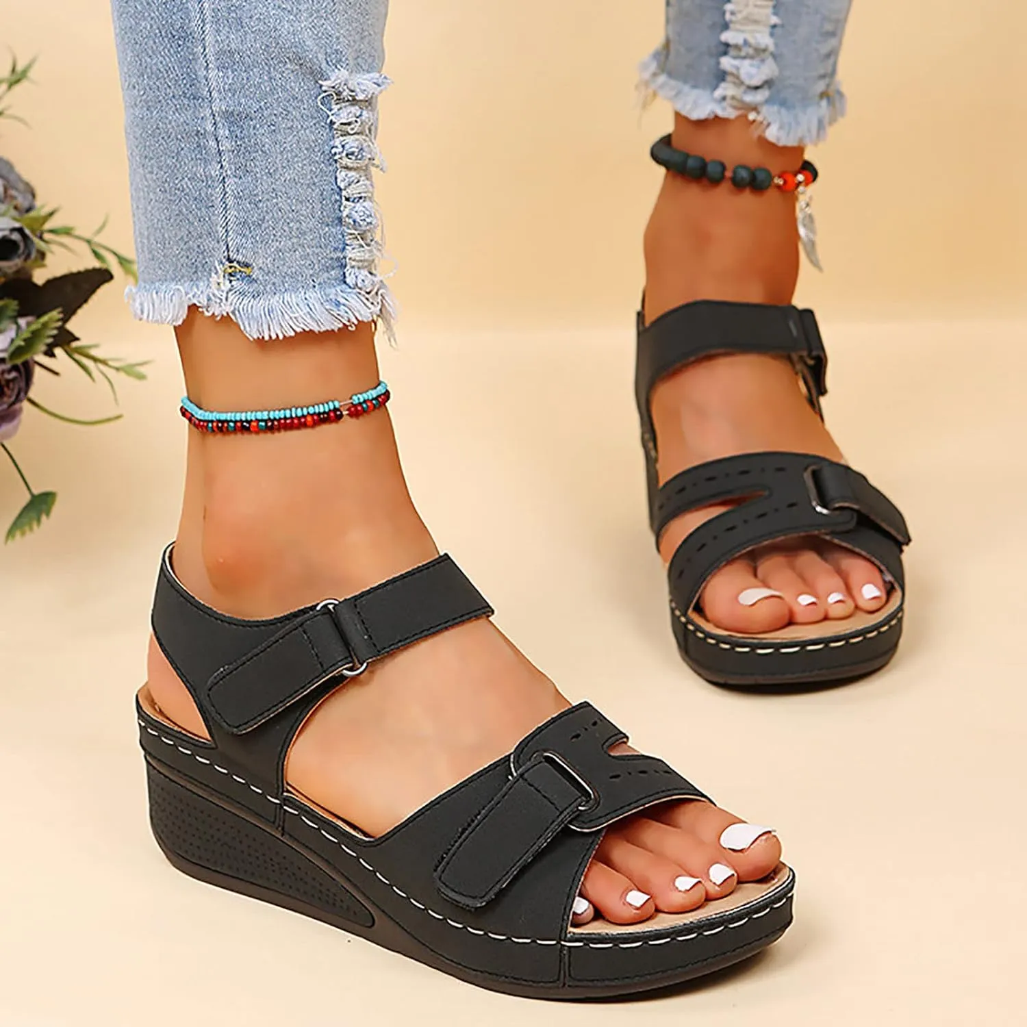 Cathalem Orthopedic Wedge Sandals for Women Summer Open Toe Ankle Strap Platform Gladiator Sandals Causal Slip on Beach Sandals