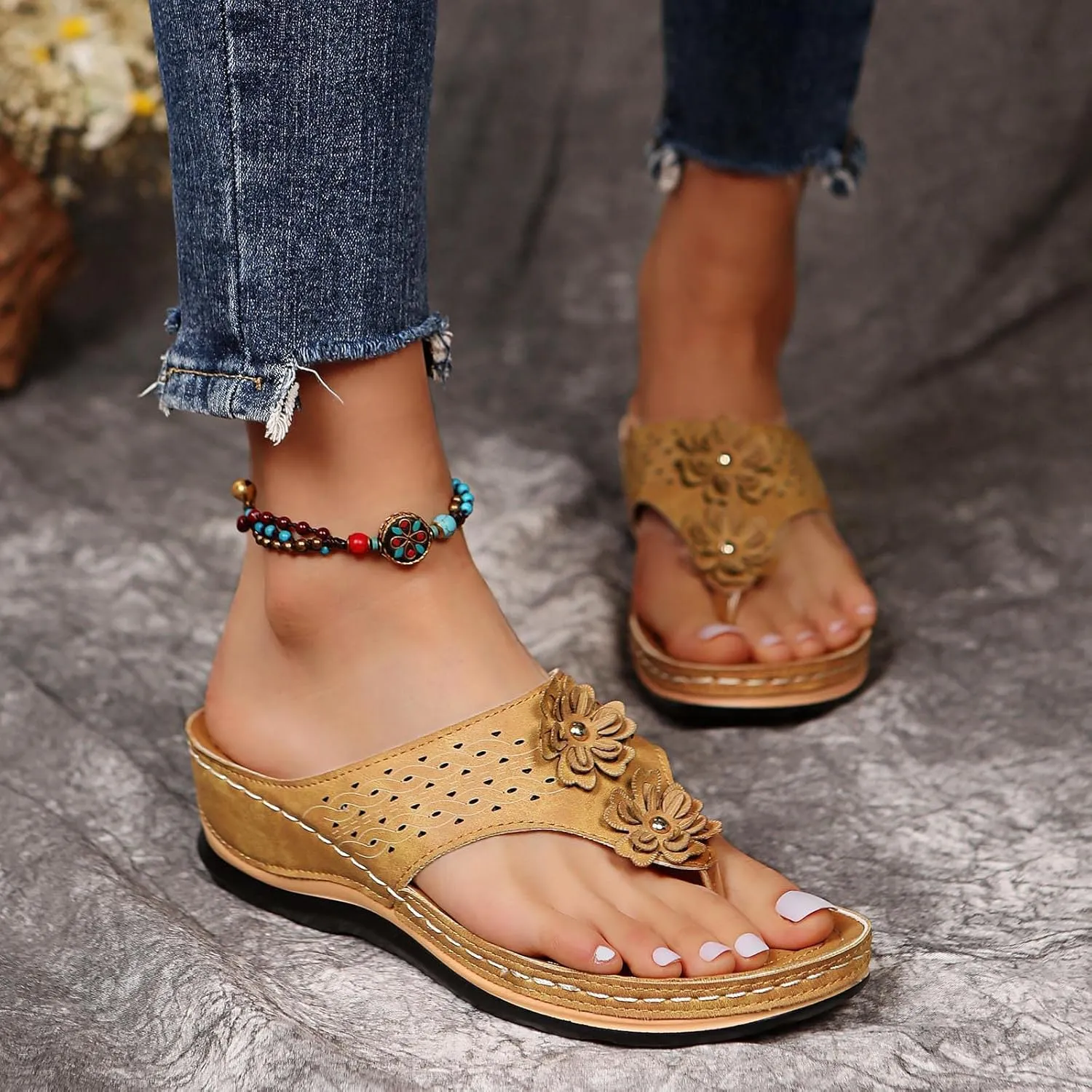 Cathalem Sandals for Women Dressy Summer, Womens Orthopedic Open Toe Sandals Platform Ankle Strap Sandals Retro Anti Slip on Shoes