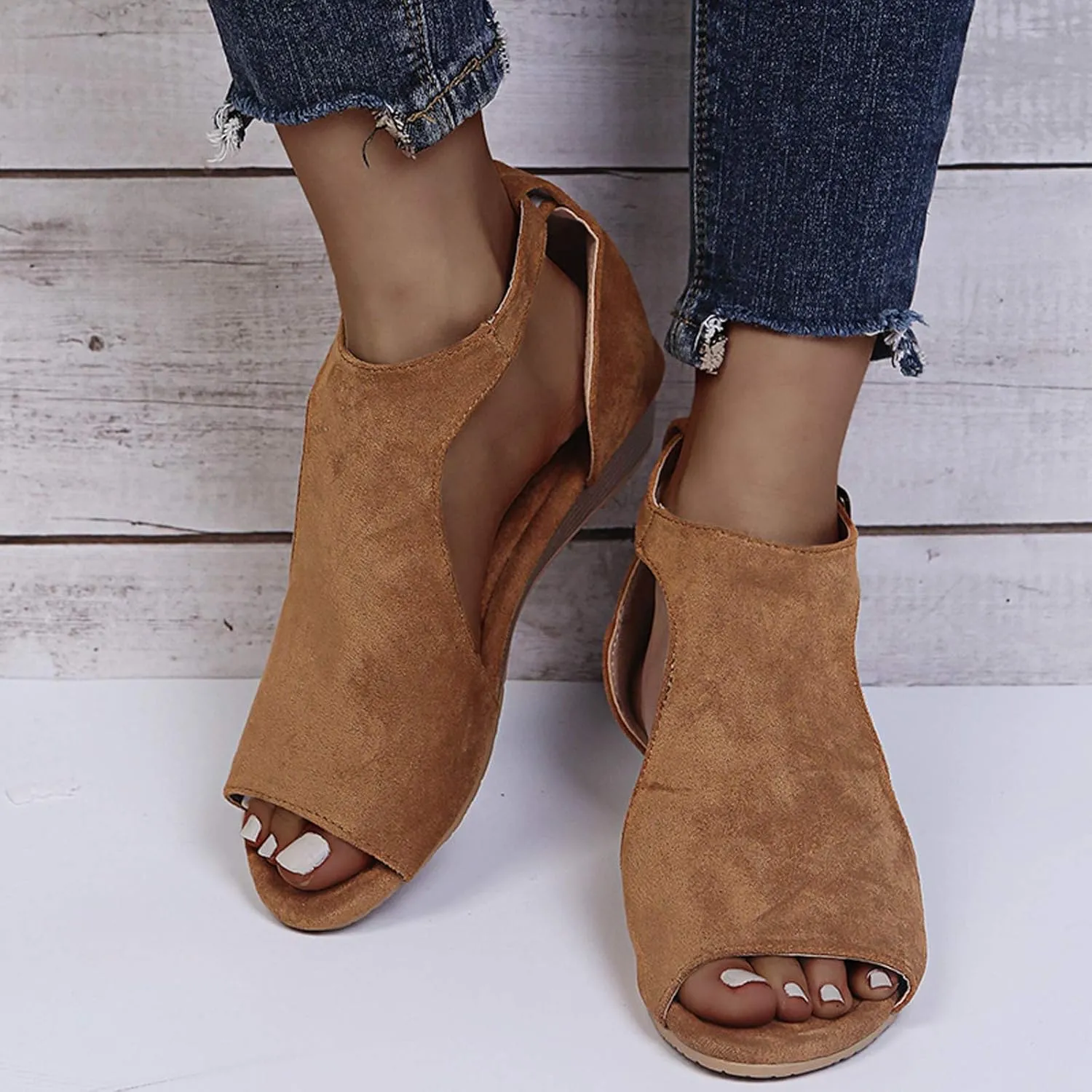 Cathalem Sandals for Women Dressy, Women's Orthopedic Suede Peep Toe Ankle Booties Cut Out Stacked Block Heel Ankle Boots Comfortable Shoes