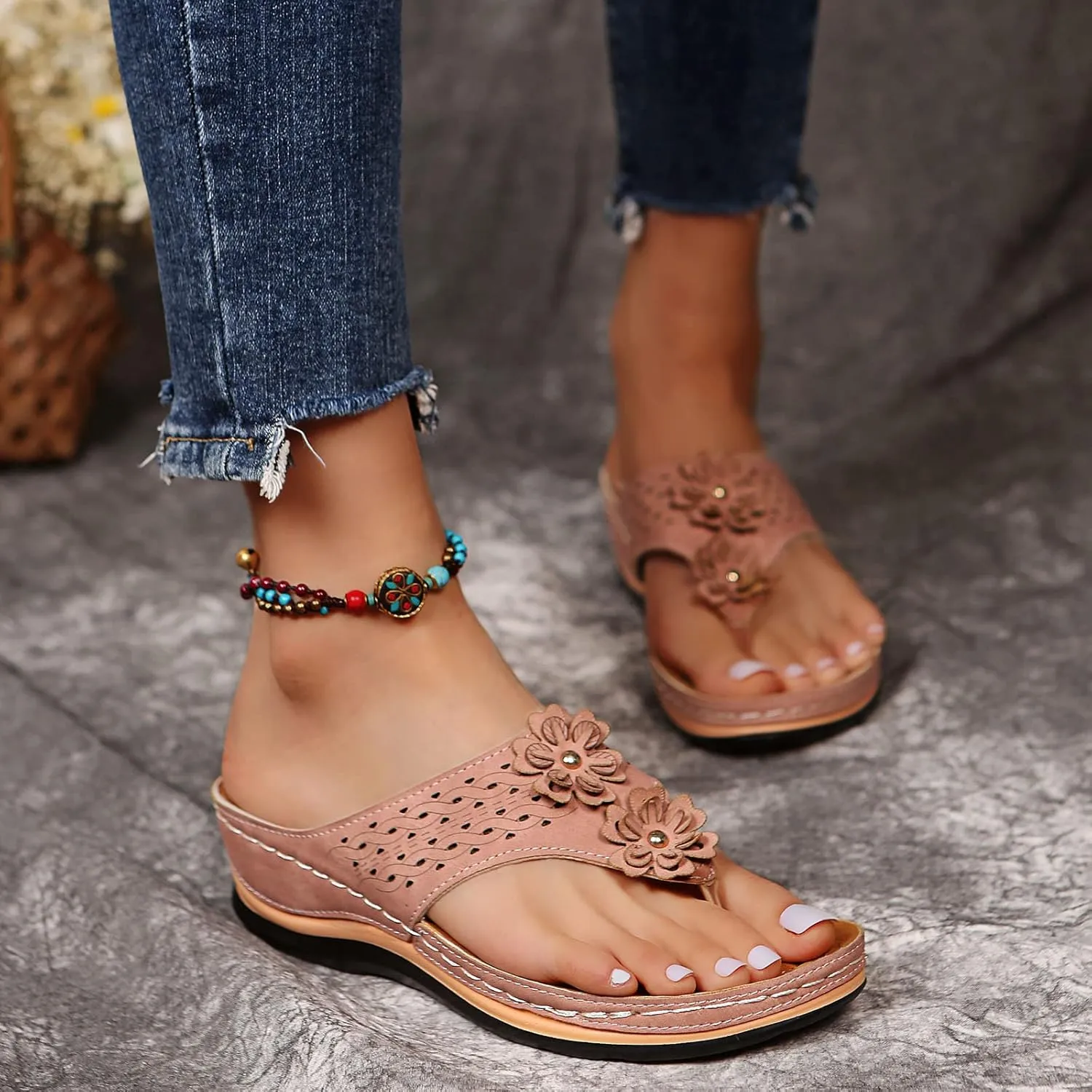 Cathalem Summer Sandals for Women 2024 Platform Arch Support Sandal Bohemian Anti-Slip Shoes Comfortable Beach Travel Sandals