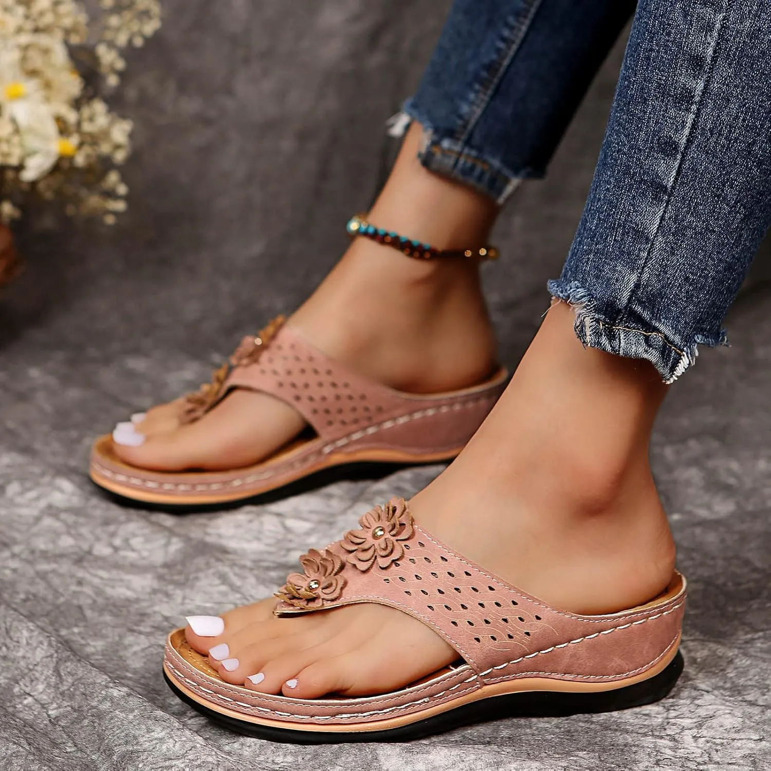 Cathalem Summer Sandals for Women 2024 Platform Arch Support Sandal Bohemian Anti-Slip Shoes Comfortable Beach Travel Sandals