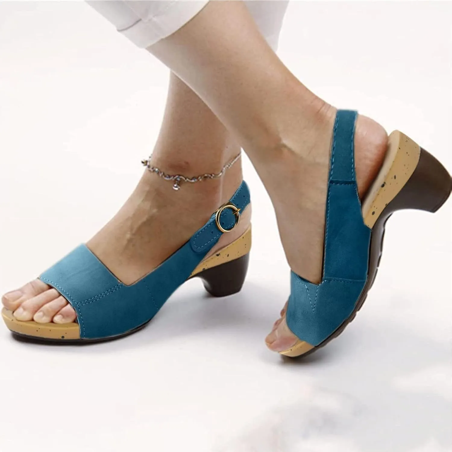 Chunky Sandals for Women 2025 Open Toe Heeled Orthotic Sandals Open Toe Fish Mouth Shoes Adjustable Ankle Strap Buckle Sandal Cushion Slip-On Comfortable Slingback