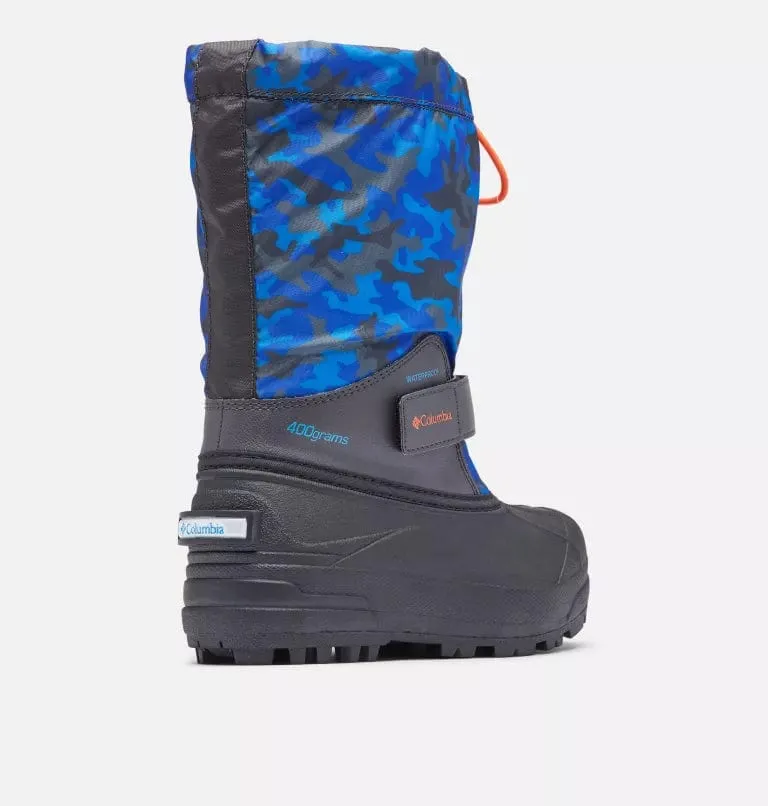 Columbia Big Kids Powderbug Forty Print Boot - Shark, Tangy Orange