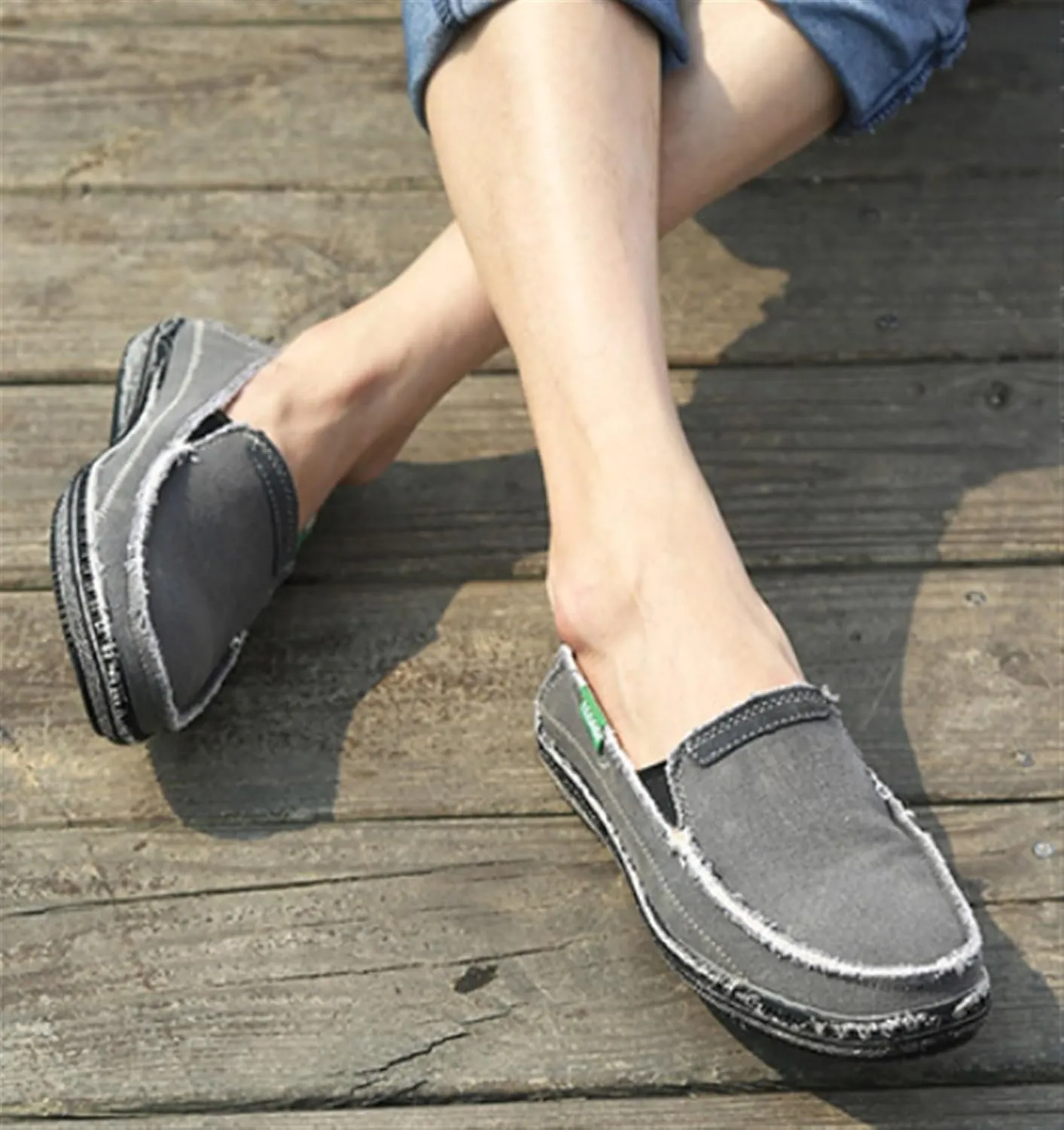 Denim Cloth Washed Loafers for Men's Vintage Slip On Round top Lightweight Casual Shoes Low Top WearResistant Elastic Band Walking Flat Slippers