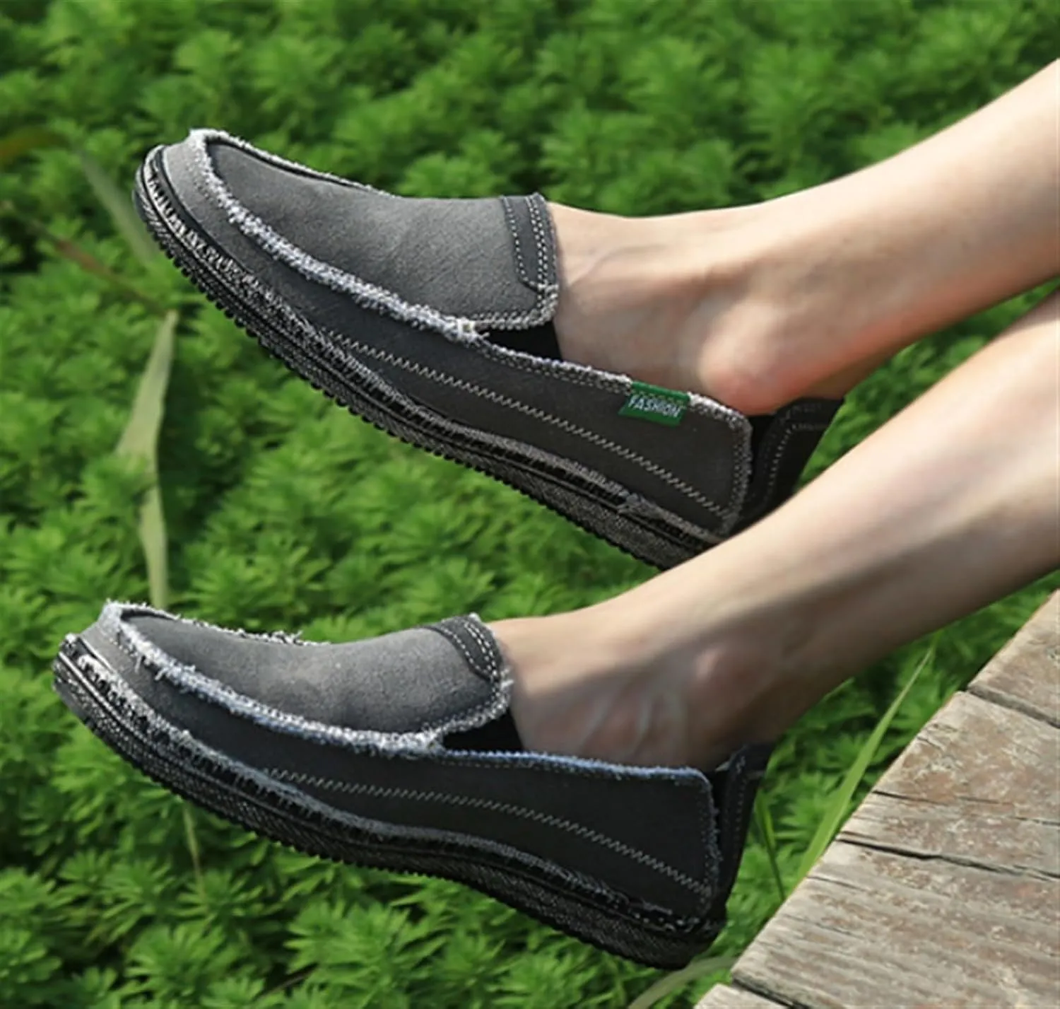 Denim Cloth Washed Loafers for Men's Vintage Slip On Round top Lightweight Casual Shoes Low Top WearResistant Elastic Band Walking Flat Slippers