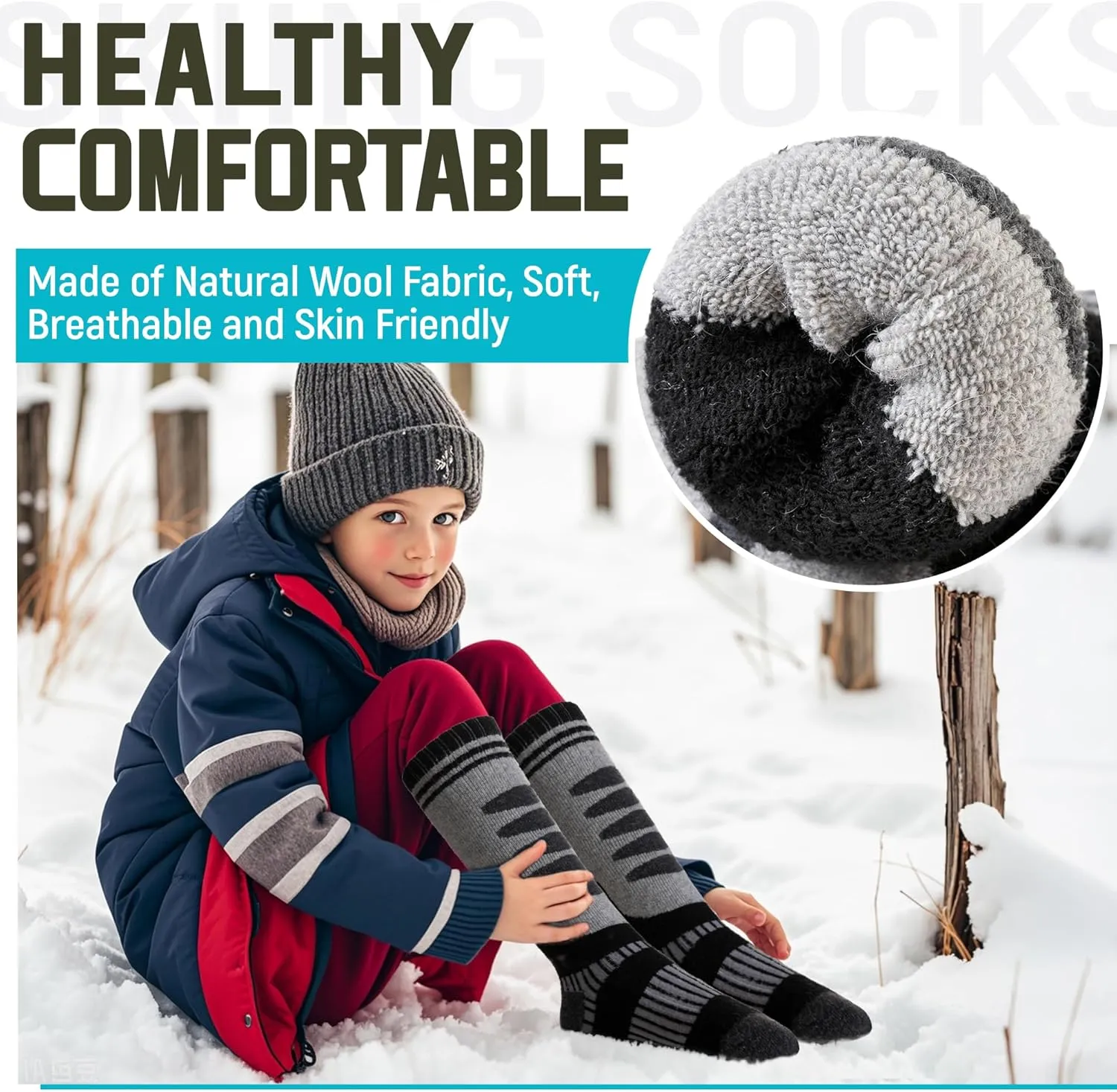 DoSmart Kids Merino Wool Ski Socks 3 Pairs Boys Girls Thermal Winter Thick Warm Cozy Boot Socks for Skiing Snowboarding
