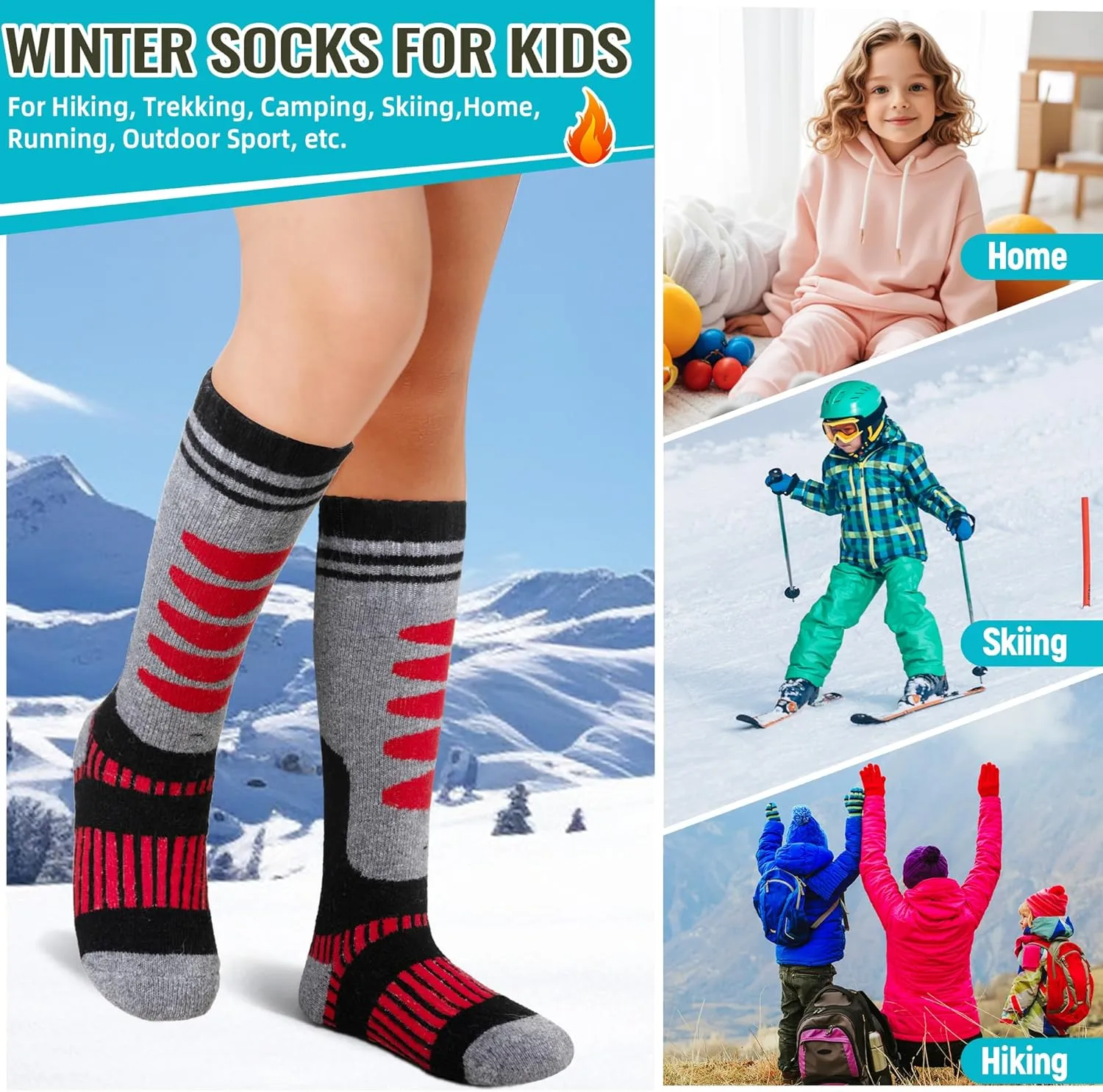 DoSmart Kids Merino Wool Ski Socks 3 Pairs Boys Girls Thermal Winter Thick Warm Cozy Boot Socks for Skiing Snowboarding