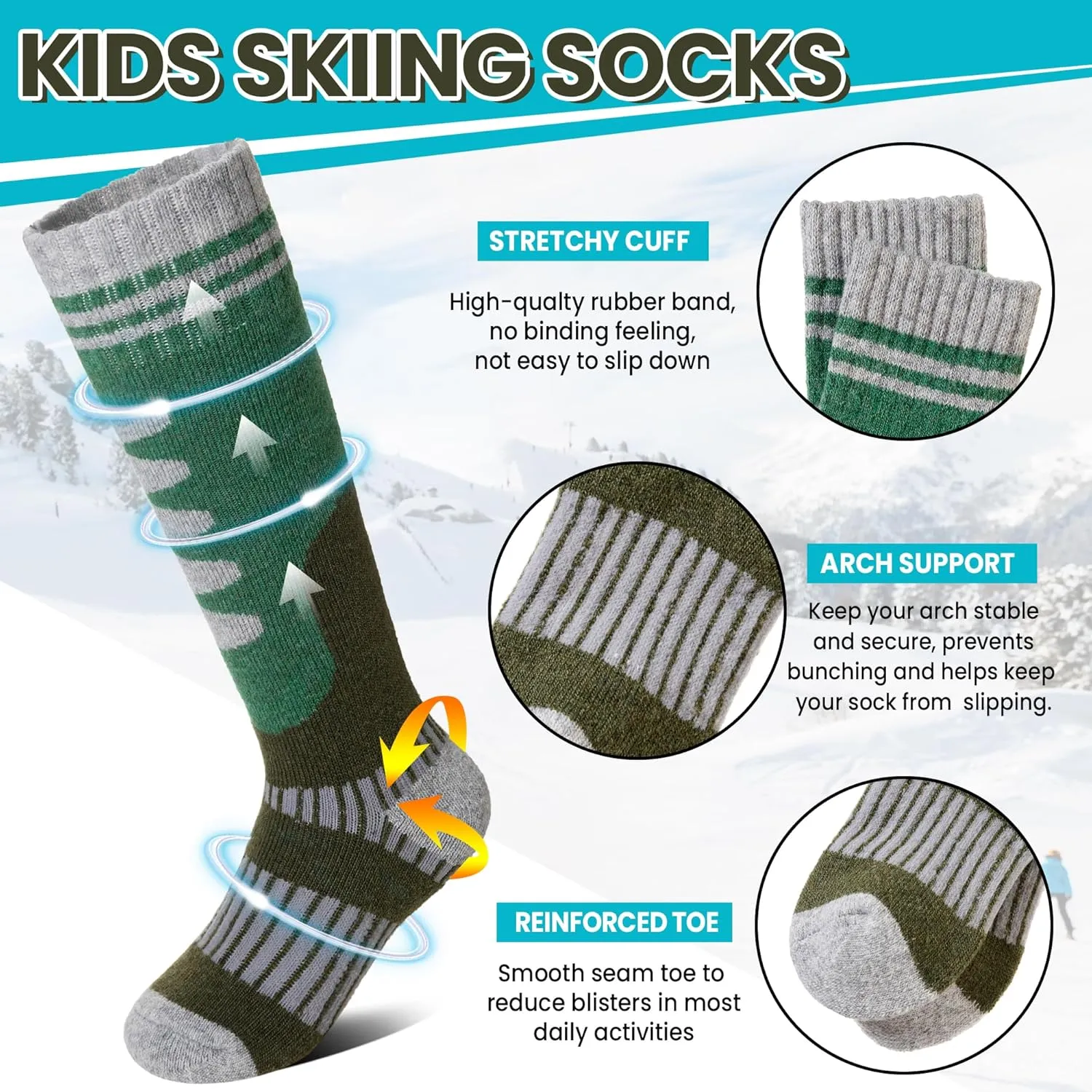DoSmart Kids Merino Wool Ski Socks 3 Pairs Boys Girls Thermal Winter Thick Warm Cozy Boot Socks for Skiing Snowboarding