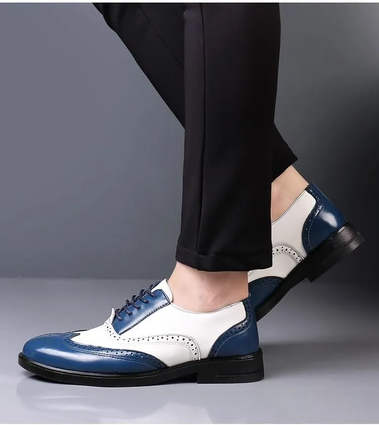 Dress Oxford for Men Lace Up Brogue Embossed Wing tip Two Tone Vegan Leather Oxford Shoes Anti-Slip Block Heel Low Top Slip Resistant Prom