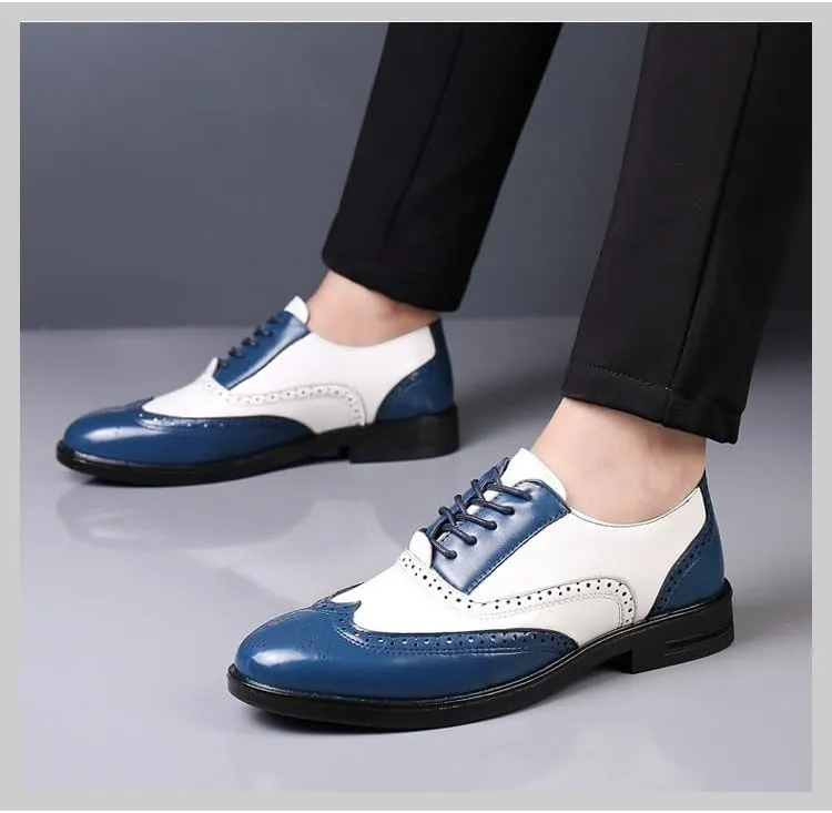 Dress Oxford for Men Lace Up Brogue Embossed Wing tip Two Tone Vegan Leather Oxford Shoes Anti-Slip Block Heel Low Top Slip Resistant Prom