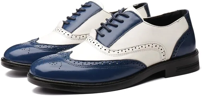 Dress Oxford for Men Lace Up Brogue Embossed Wing tip Two Tone Vegan Leather Oxford Shoes Anti-Slip Block Heel Low Top Slip Resistant Prom