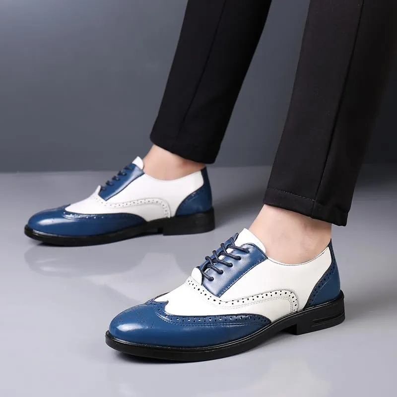 Dress Oxford for Men Lace Up Brogue Embossed Wing tip Two Tone Vegan Leather Oxford Shoes Anti-Slip Block Heel Low Top Slip Resistant Prom