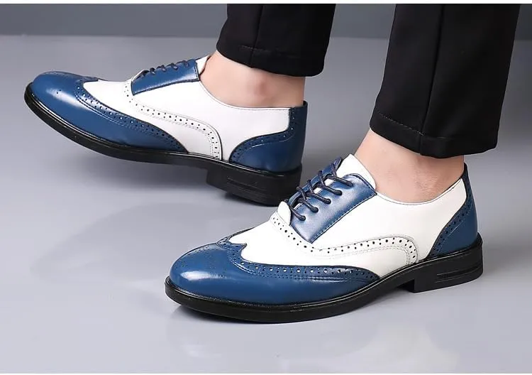 Dress Oxford for Men Lace Up Brogue Embossed Wing tip Two Tone Vegan Leather Oxford Shoes Anti-Slip Block Heel Low Top Slip Resistant Prom