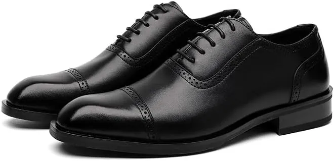 Dress Oxford for Men Lace Up Plain Burnished Toe Brogue Vegan Leather Cap Toe Non Slip Resistant Block Heel Classic