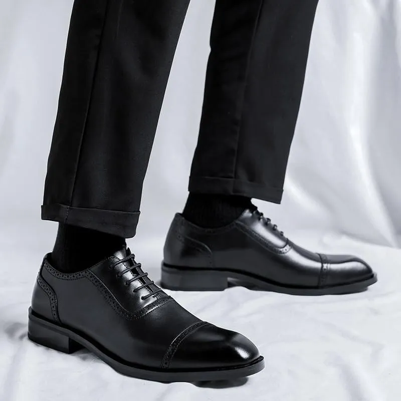 Dress Oxford for Men Lace Up Plain Burnished Toe Brogue Vegan Leather Cap Toe Non Slip Resistant Block Heel Classic