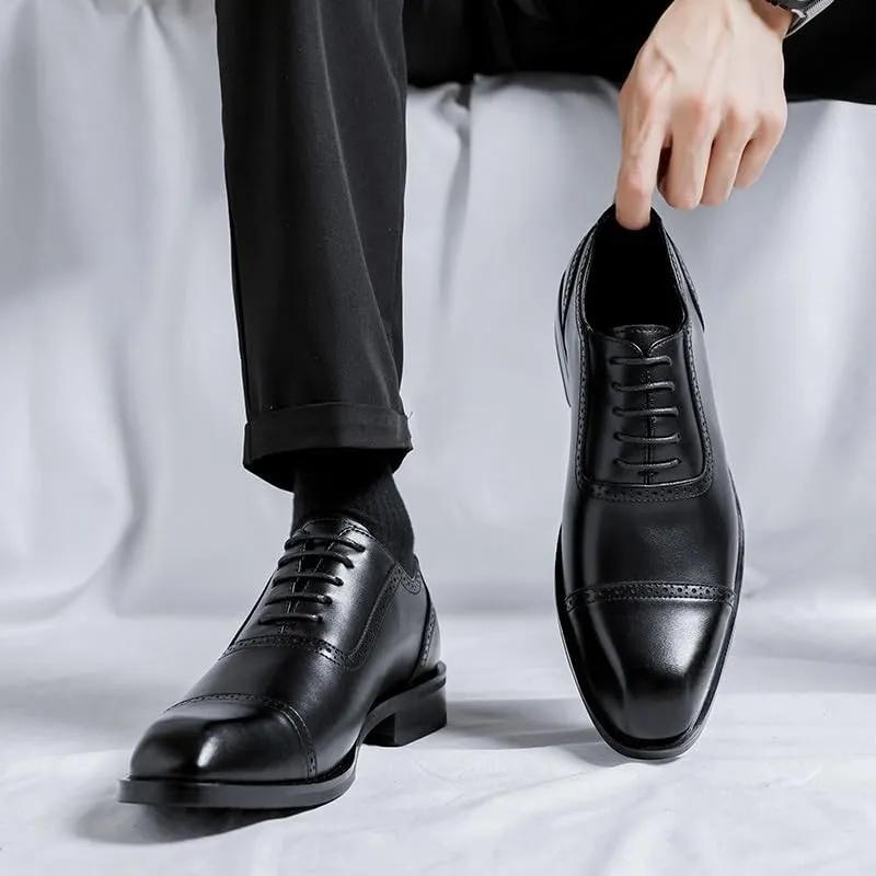 Dress Oxford for Men Lace Up Plain Burnished Toe Brogue Vegan Leather Cap Toe Non Slip Resistant Block Heel Classic