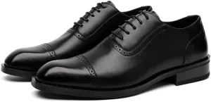 Dress Oxford for Men Lace Up Plain Burnished Toe Brogue Vegan Leather Cap Toe Non Slip Resistant Block Heel Classic