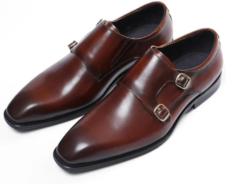 Dress Oxford Shoes for Men Slip-On Double Monk Shoes Black/Brown Pointed Toe Prom Shoes Boys Dress Shoes Genuine Leather Wedding Shoes Male Business Shoes