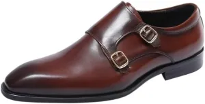Dress Oxford Shoes for Men Slip-On Double Monk Shoes Black/Brown Pointed Toe Prom Shoes Boys Dress Shoes Genuine Leather Wedding Shoes Male Business Shoes