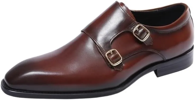 Dress Oxford Shoes for Men Slip-On Double Monk Shoes Black/Brown Pointed Toe Prom Shoes Boys Dress Shoes Genuine Leather Wedding Shoes Male Business Shoes