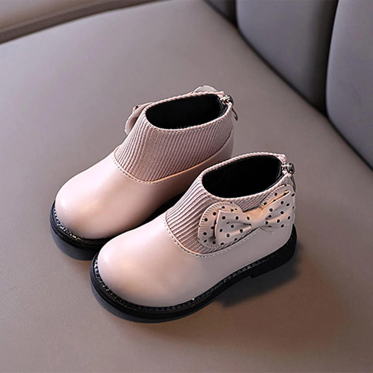 Fashion Autumn and Winter Girls Boots Round Toe Flat Sole Thick Sole Non Slip Back Zipper Cute Polka Girl Shoes Size 13