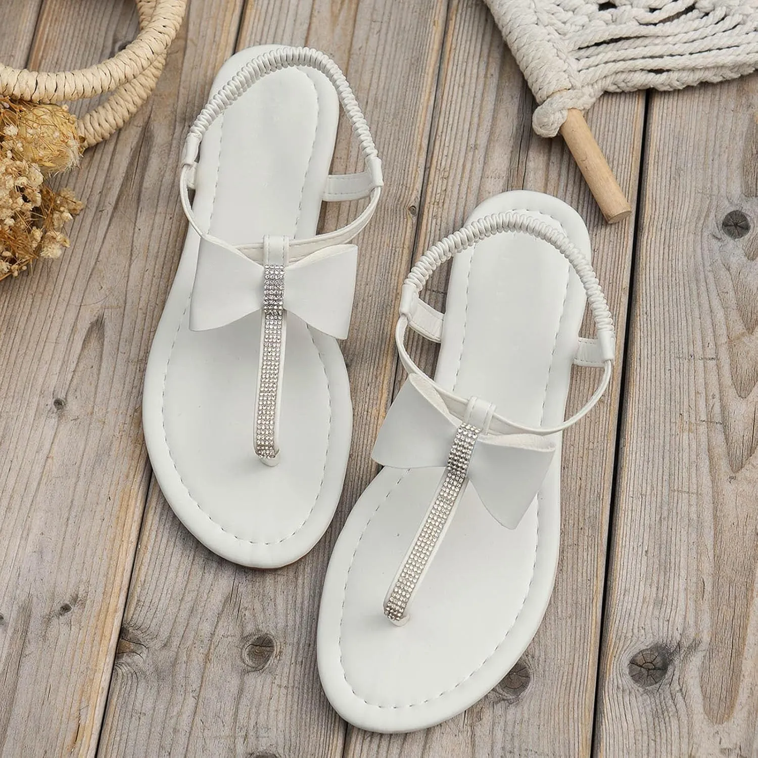 Fashion Flat Bottom Big Size Toe Shiny Bow Rhinestone Spring Summer Women's Bling Shoes for Women Rhinestones Sandals
