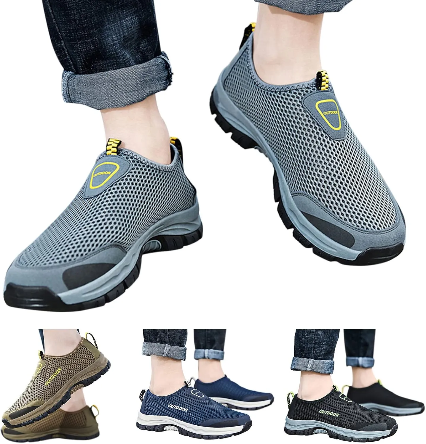 Fashion Sneaker Lace-Up Fashion Spring and Summer Men Sports Shoes Hiking Shoes Hollow Mesh Breathable Slip On