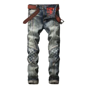 Fashion Vintage Mid Waist Straight Pants Men's Patchwork Jeans
