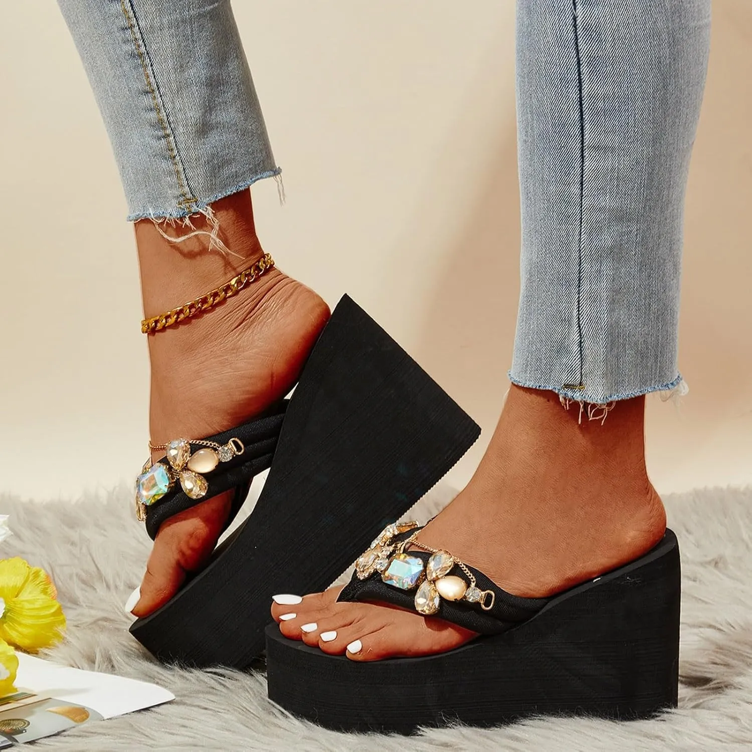 Flip Flops Sandals for Women Ladies Shoes Wedge Thick Sole Thick High Heel Flip Flops Fashion Diamond Chain Slippers