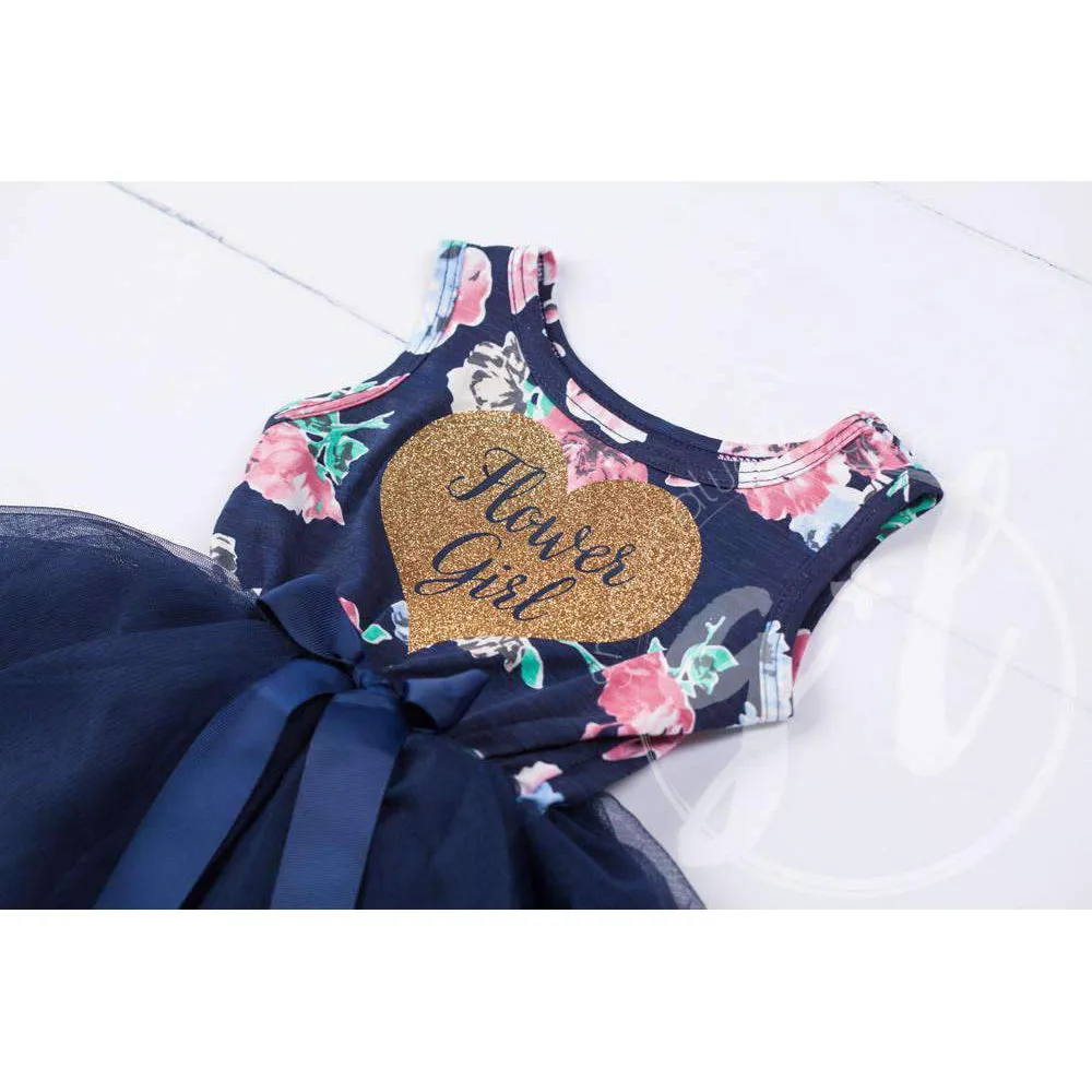 Flower Girl Dress Heart of Gold "FLOWER GIRL" Navy Floral Multi Sleeveless