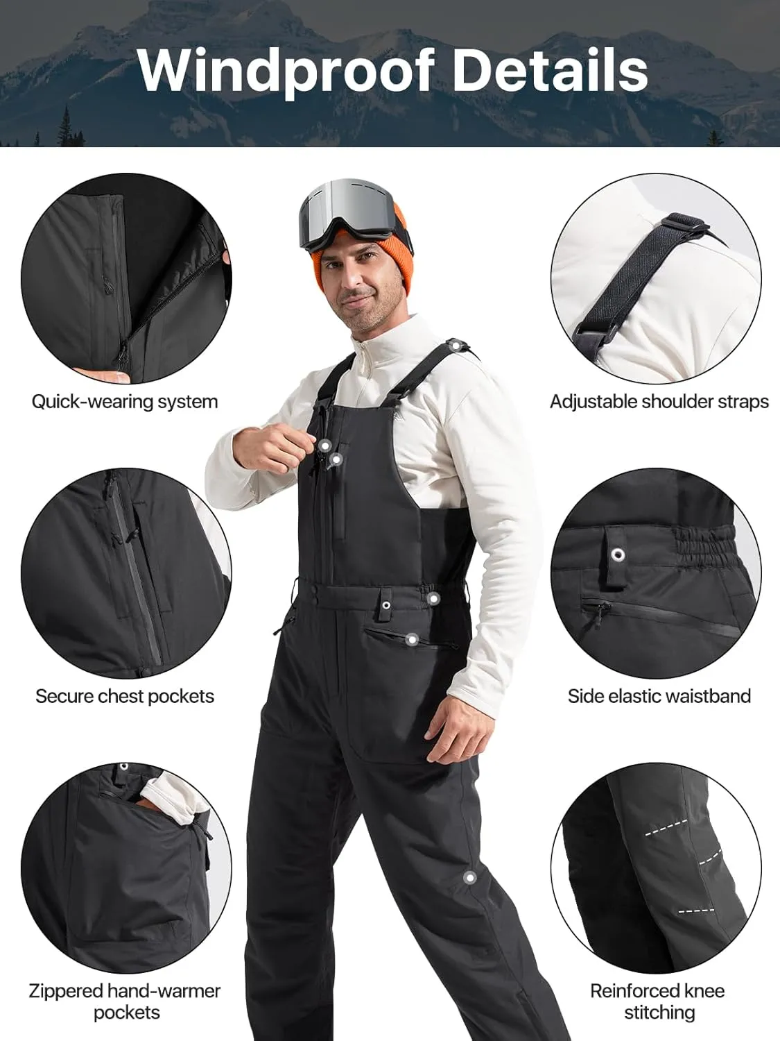 FREE SOLDIER Men's Insulated Waterproof Snow Bibs Ski Overalls