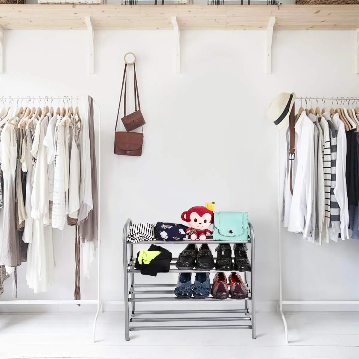 GEMITTO Shoe Rack Organizer for Closet Entryway, 4 Tiers Adjustable Heavy Duty Metal Shoe Storage Shelf, Large Enough for 20  Pairs of Shoes (23.6"~41.7"x8.9"x24.2")(Silver)