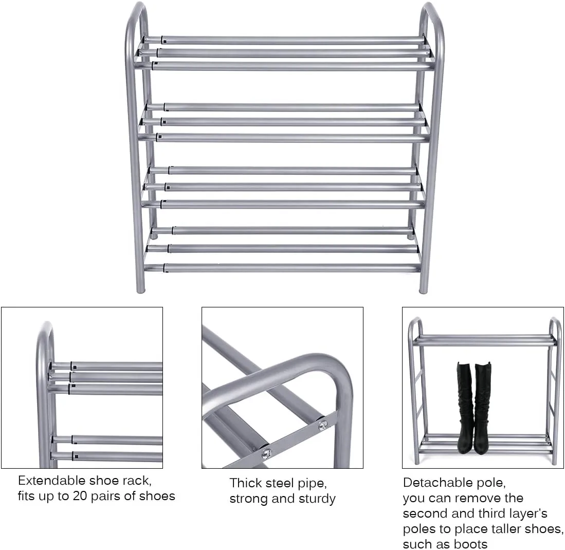 GEMITTO Shoe Rack Organizer for Closet Entryway, 4 Tiers Adjustable Heavy Duty Metal Shoe Storage Shelf, Large Enough for 20  Pairs of Shoes (23.6"~41.7"x8.9"x24.2")(Silver)