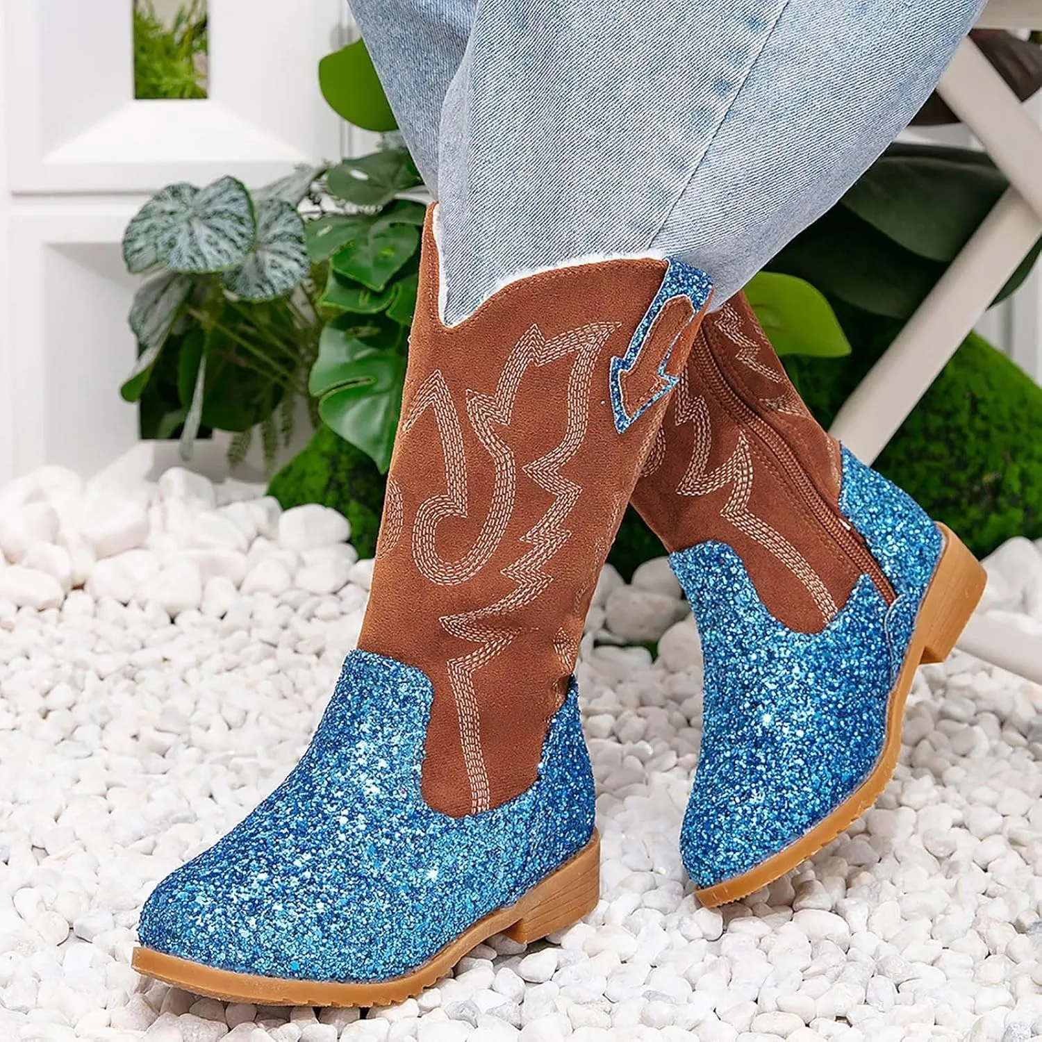 Girls Cowgirl Boots Mid Calf Square Toe Western Boot for Kids Glitter Cowboy Boots Party Toddler Girls Riding Shoes