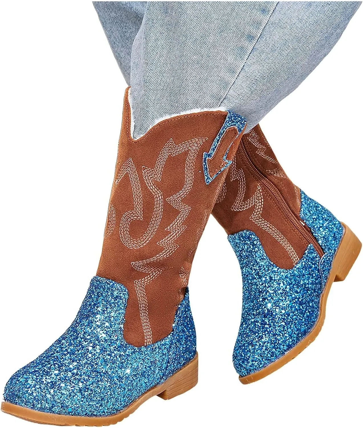 Girls Cowgirl Boots Mid Calf Square Toe Western Boot for Kids Glitter Cowboy Boots Party Toddler Girls Riding Shoes