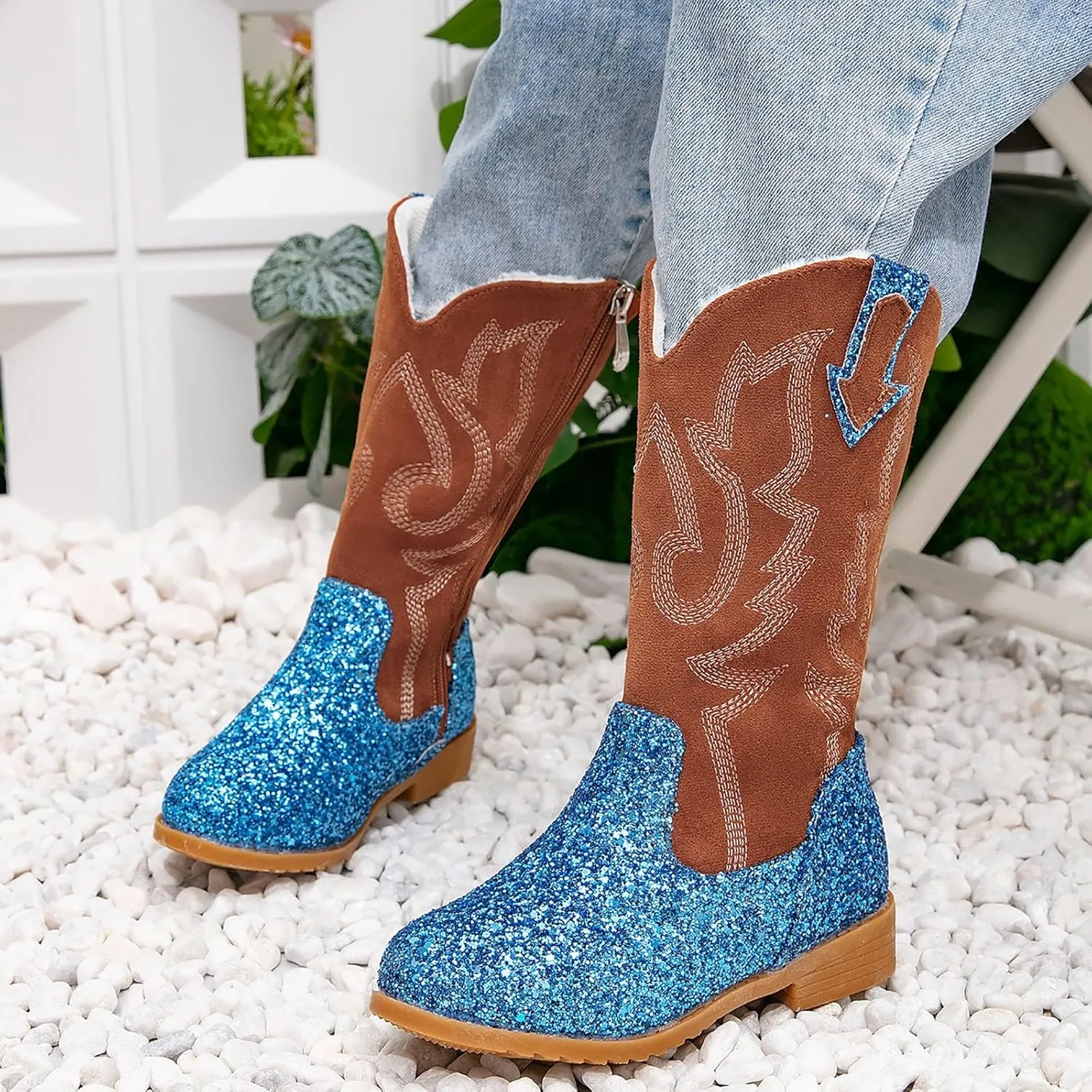Girls Cowgirl Boots Mid Calf Square Toe Western Boot for Kids Glitter Cowboy Boots Party Toddler Girls Riding Shoes